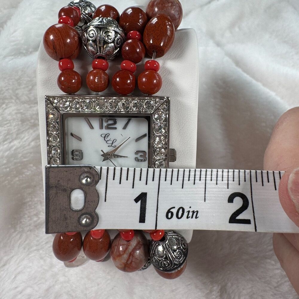 Chunky Boho Beaded Bracelet Watch Colleen Lopez Crystal Bezel Red Jasper Quartz - Picture 15 of 15